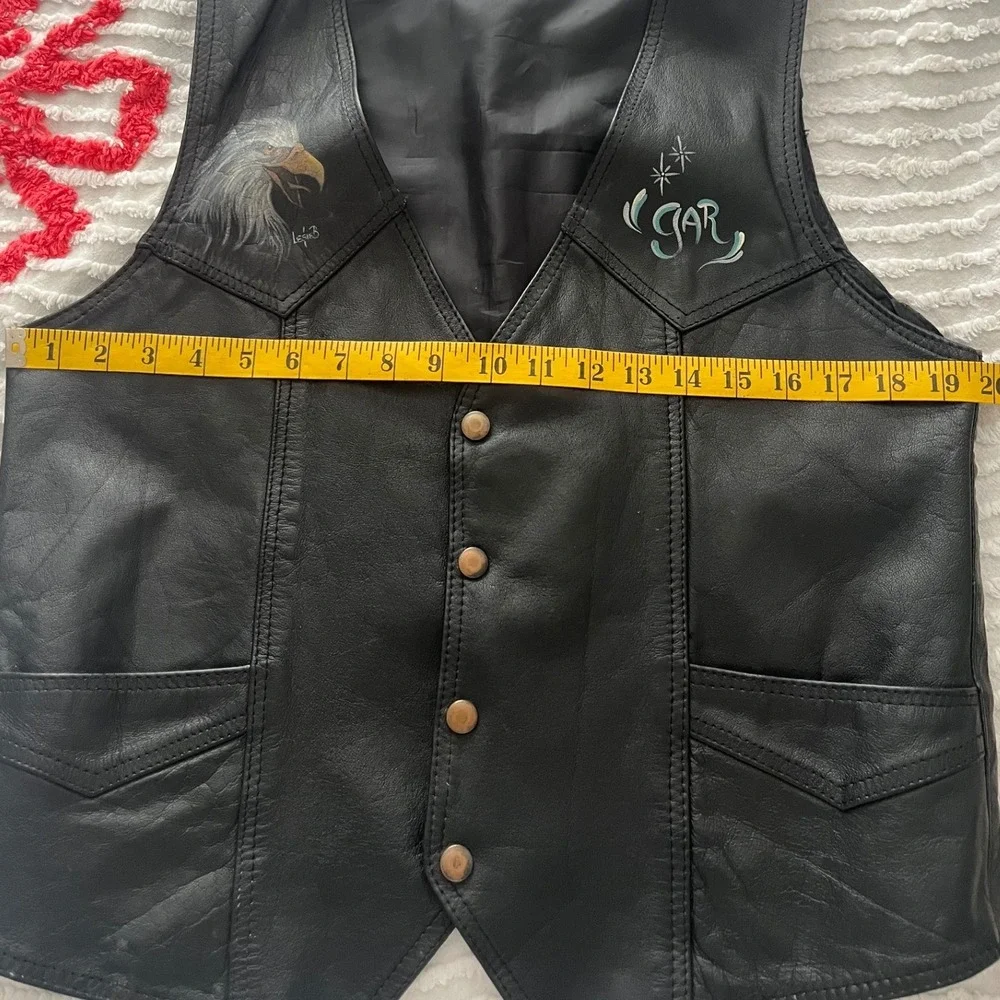 Vtg Leather Biker Vest Airbrushed Eagles in Flight Mountain Sz‎ Med name GAR